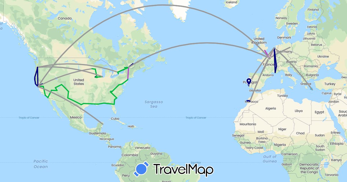 TravelMap itinerary: driving, bus, plane, train, boat in Canada, Germany, France, United Kingdom, Greece, Morocco, Mexico, Netherlands, Portugal, United States (Africa, Europe, North America)